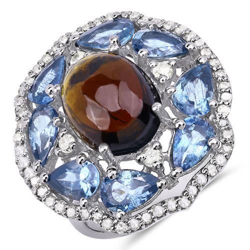 Rings-6.37 Carat Genuine Brown Tourmaline, Aquamarine and White Diamond .925 Sterling Silver Ring