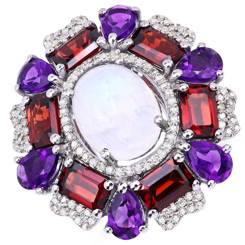 Rings-11.33 Carat Genuine Multi Stones and White Diamond .925 Sterling Silver Ring