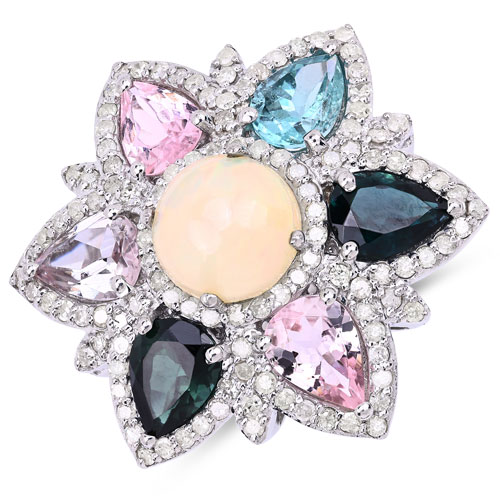 Opal-5.71 Carat Genuine Multi Stones and White Diamond .925 Sterling Silver Ring