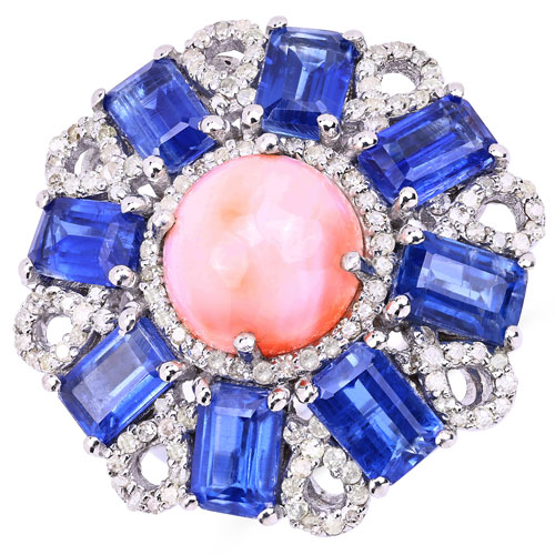 Rings-9.71 Carat Genuine Pink Coral, Kyanite and White Diamond .925 Sterling Silver Ring