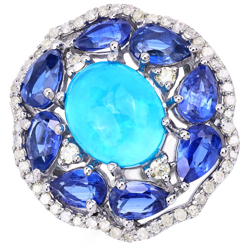Opal-6.72 Carat Genuine Triplet Opal, Kyanite and White Diamond .925 Sterling Silver Ring
