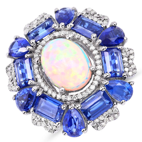 Opal-10.54 Carat Genuine Multi Stones and White Diamond .925 Sterling Silver Ring