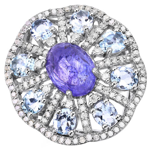 Tanzanite-7.39 Carat Genuine Tanzanite, Aquamarine and White Diamond .925 Sterling Silver Ring