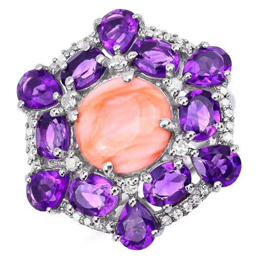 Rings-6.16 Carat Genuine Pink Coral, Amethyst and White Diamond .925 Sterling Silver Ring