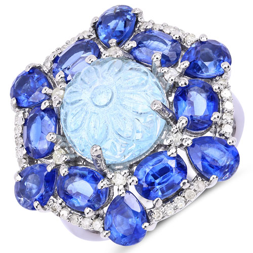 Rings-9.84 Carat Genuine Multi Stones and White Diamond .925 Sterling Silver Ring