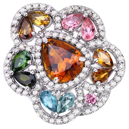 Rings-5.14 Carat Genuine Multi Tourmaline and White Diamond .925 Sterling Silver Ring