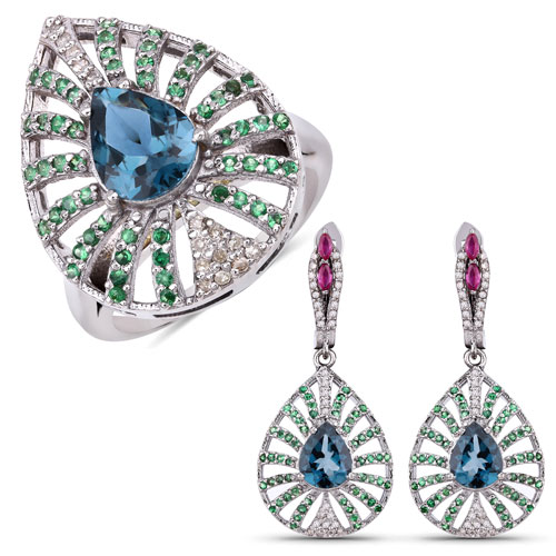 Rings-9.20 Carat Genuine Multi Gemstones .925 Sterling Silver 2 Piece Jewelry Set (Ring and Earrings)