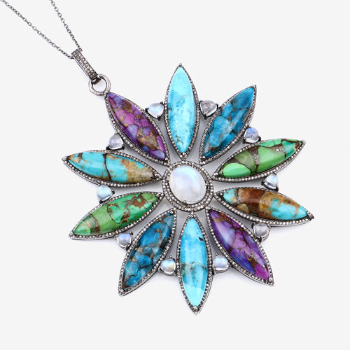 Turquoise, Turquoise with Diamond Sterling Silver Pendant Necklace, Statement Pendant Necklace, Anniversary Gift