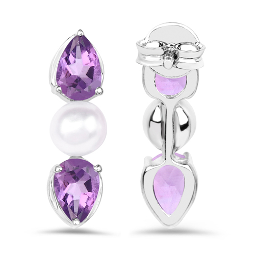 5.56 Carat Genuine Amethyst and Pearl .925 Sterling Silver 3 Piece Jewelry Set (Ring, Earrings, and Pendant w/ Chain)