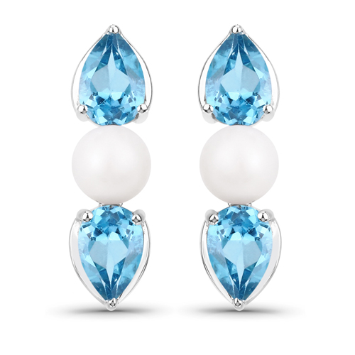 Earrings-3.22 Carat Genuine Blue Topaz and Pearl .925 Sterling Silver Earrings