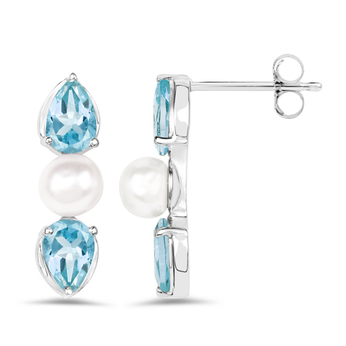 6.44 Carat Genuine Blue Topaz and Pearl .925 Sterling Silver 3 Piece Jewelry Set (Ring, Earrings, and Pendant w/ Chain)