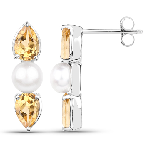 5.56 Carat Genuine Citrine and Pearl .925 Sterling Silver 3 Piece Jewelry Set (Ring, Earrings, and Pendant w/ Chain)