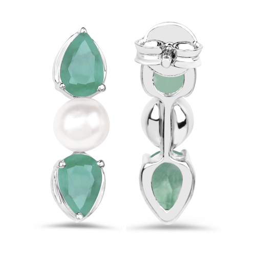 5.48 Carat Genuine Emerald and Pearl .925 Sterling Silver 3 Piece Jewelry Set (Ring, Earrings, and Pendant w/ Chain)