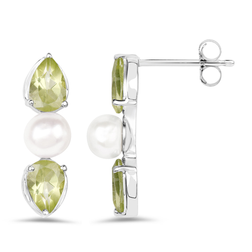 5.80 Carat Genuine Peridot and Pearl .925 Sterling Silver 3 Piece Jewelry Set (Ring, Earrings, and Pendant w/ Chain)