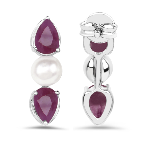 5.80 Carat Genuine Ruby and Pearl .925 Sterling Silver 3 Piece Jewelry Set (Ring, Earrings, and Pendant w/ Chain)