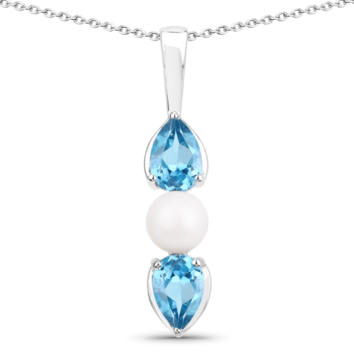 Pendants-1.56 Carat Genuine Blue Topaz and Pearl .925 Sterling Silver Pendant