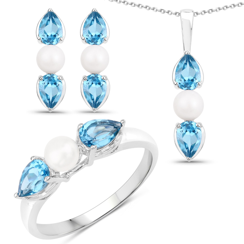 Jewelry Sets-6.44 Carat Genuine Blue Topaz and Pearl .925 Sterling Silver 3 Piece Jewelry Set (Ring, Earrings, and Pendant w/ Chain)