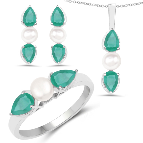 Emerald-5.48 Carat Genuine Emerald and Pearl .925 Sterling Silver 3 Piece Jewelry Set (Ring, Earrings, and Pendant w/ Chain)