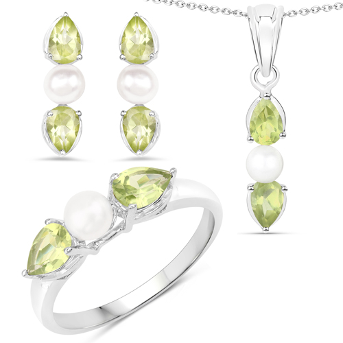 Peridot-5.80 Carat Genuine Peridot and Pearl .925 Sterling Silver 3 Piece Jewelry Set (Ring, Earrings, and Pendant w/ Chain)