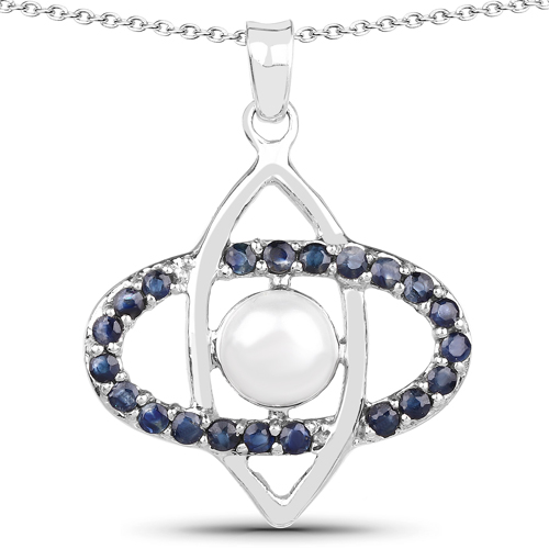 Sapphire-2.79 Carat Genuine Blue Sapphire and Pearl .925 Sterling Silver Pendant