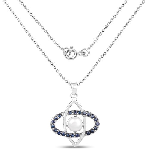 2.79 Carat Genuine Blue Sapphire and Pearl .925 Sterling Silver Pendant