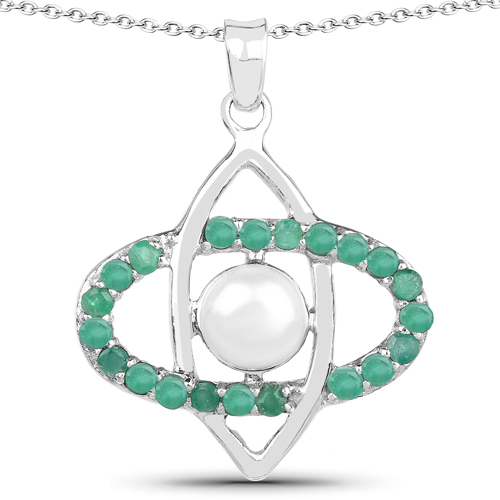 Emerald-2.58 Carat Genuine Emerald and Pearl .925 Sterling Silver Pendant