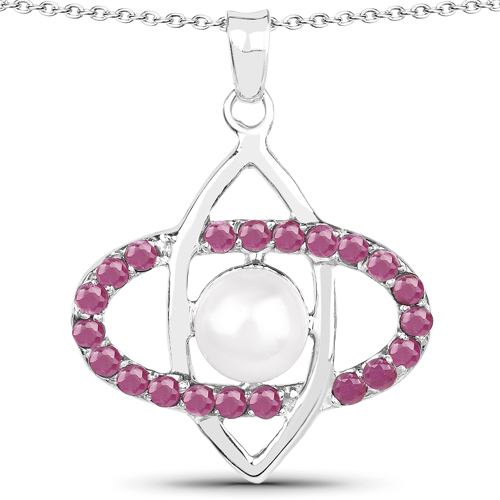 Ruby-3.00 Carat Genuine Ruby and Pearl .925 Sterling Silver Pendant