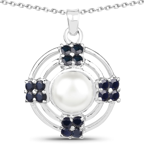 Sapphire-3.46 Carat Genuine Blue Sapphire and Pearl .925 Sterling Silver Pendant