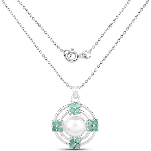3.38 Carat Genuine Emerald and Pearl .925 Sterling Silver Pendant