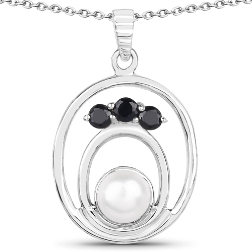 Sapphire-2.31 Carat Genuine Blue Sapphire and Pearl .925 Sterling Silver Pendant