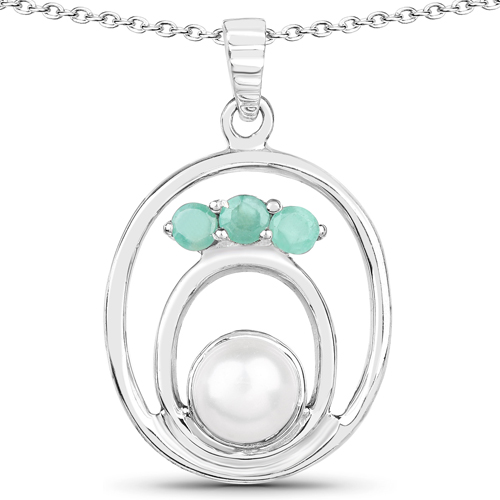 2.25 Carat Genuine Emerald and Pearl .925 Sterling Silver Pendant