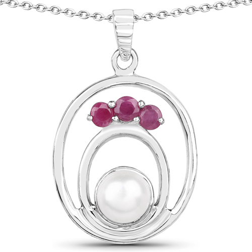 Ruby-2.34 Carat Genuine Ruby and Pearl .925 Sterling Silver Pendant