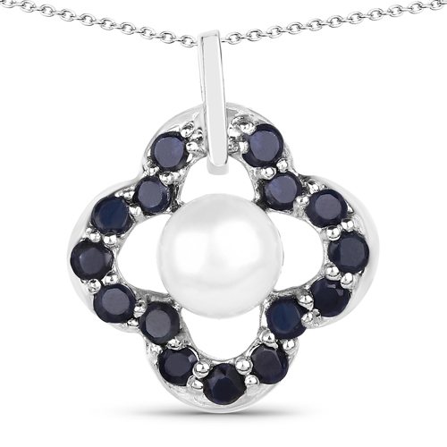 Sapphire-2.85 Carat Genuine Blue Sapphire and Pearl .925 Sterling Silver Pendant