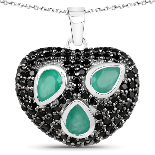 3.16 Carat Genuine Emerald and Black Spinel .925 Sterling Silver Pendant