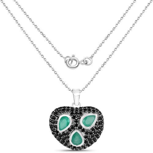 3.16 Carat Genuine Emerald and Black Spinel .925 Sterling Silver Pendant