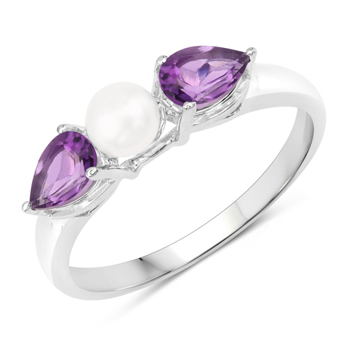1.34 Carat Genuine Amethyst and Pearl .925 Sterling Silver Ring