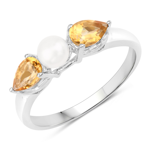 Citrine-1.34 Carat Genuine Citrine and Pearl .925 Sterling Silver Ring