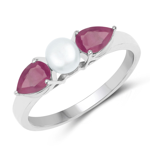 Ruby-1.40 Carat Genuine Ruby and Pearl .925 Sterling Silver Ring