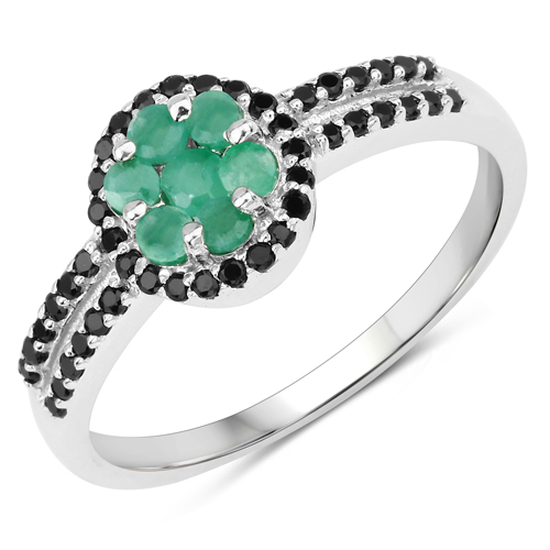 Emerald-0.55 Carat Genuine Emerald and Black Spinel .925 Sterling Silver Ring