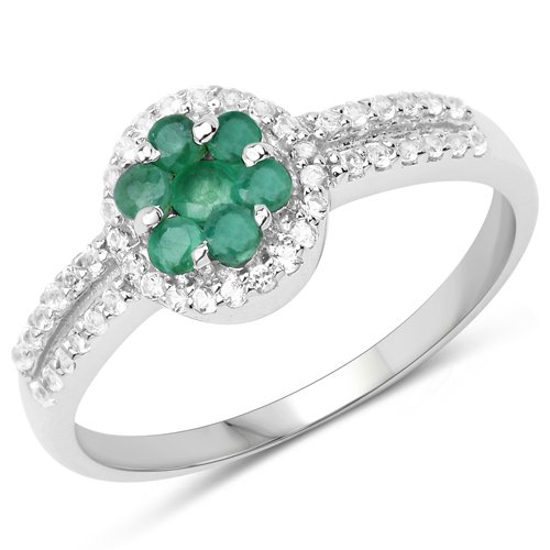 Emerald-0.46 Carat Genuine Emerald and White Topaz .925 Sterling Silver Ring