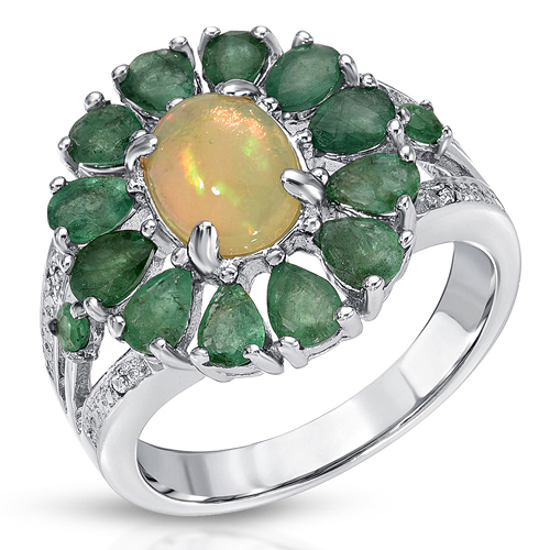 Opal-2.52 Carat Genuine Ethiopian Opal, Emerald and White Diamond .925 Sterling Silver Ring