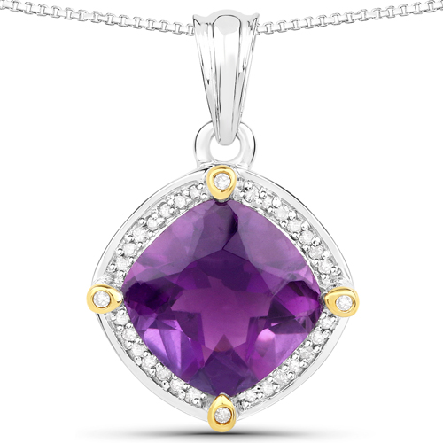 Amethyst-3.19 Carat Genuine Amethyst and White Diamond 14K Yellow Gold with .925 Sterling Silver Pendant