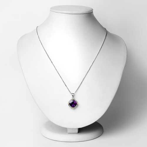 3.19 Carat Genuine Amethyst and White Diamond 14K Yellow Gold with .925 Sterling Silver Pendant