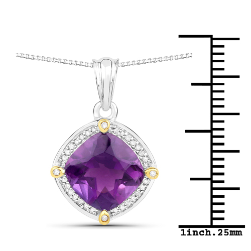 3.19 Carat Genuine Amethyst and White Diamond 14K Yellow Gold with .925 Sterling Silver Pendant