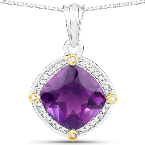 Amethyst-3.20 Carat Genuine Amethyst and White Diamond 18K Yellow Gold with .925 Sterling Silver Pendant