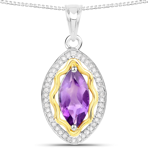 Amethyst-1.56 Carat Genuine Amethyst and White Diamond 14K Yellow Gold with .925 Sterling Silver Pendant