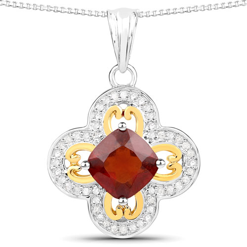 Pendants-1.63 Carat Genuine Hessonite and White Diamond 18K Yellow Gold with .925 Sterling Silver Pendant
