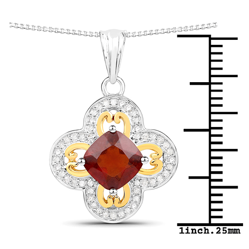 1.63 Carat Genuine Garnet and White Diamond 14K Yellow Gold with .925 Sterling Silver Pendant