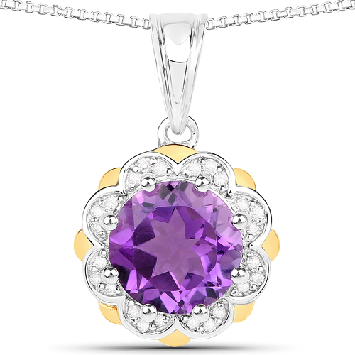 Amethyst-1.87 Carat Genuine Amethyst and White Diamond 14K Yellow Gold with .925 Sterling Silver Pendant