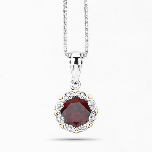 2.32 Carat Genuine Garnet and White Diamond 14K Yellow Gold with .925 Sterling Silver Pendant